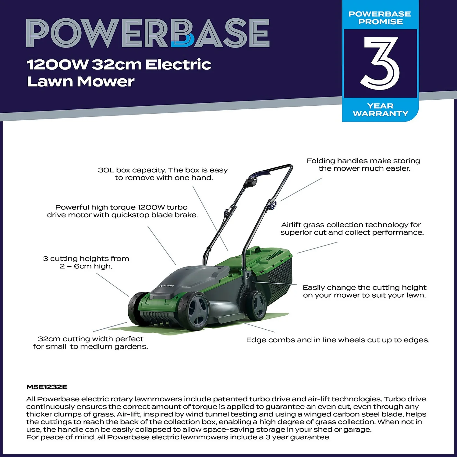 Powerbase 1200W Electric Lawn Mower - 32cm 4 Powerbase 1200W Electric Lawn Mower - 32cm - Image 2